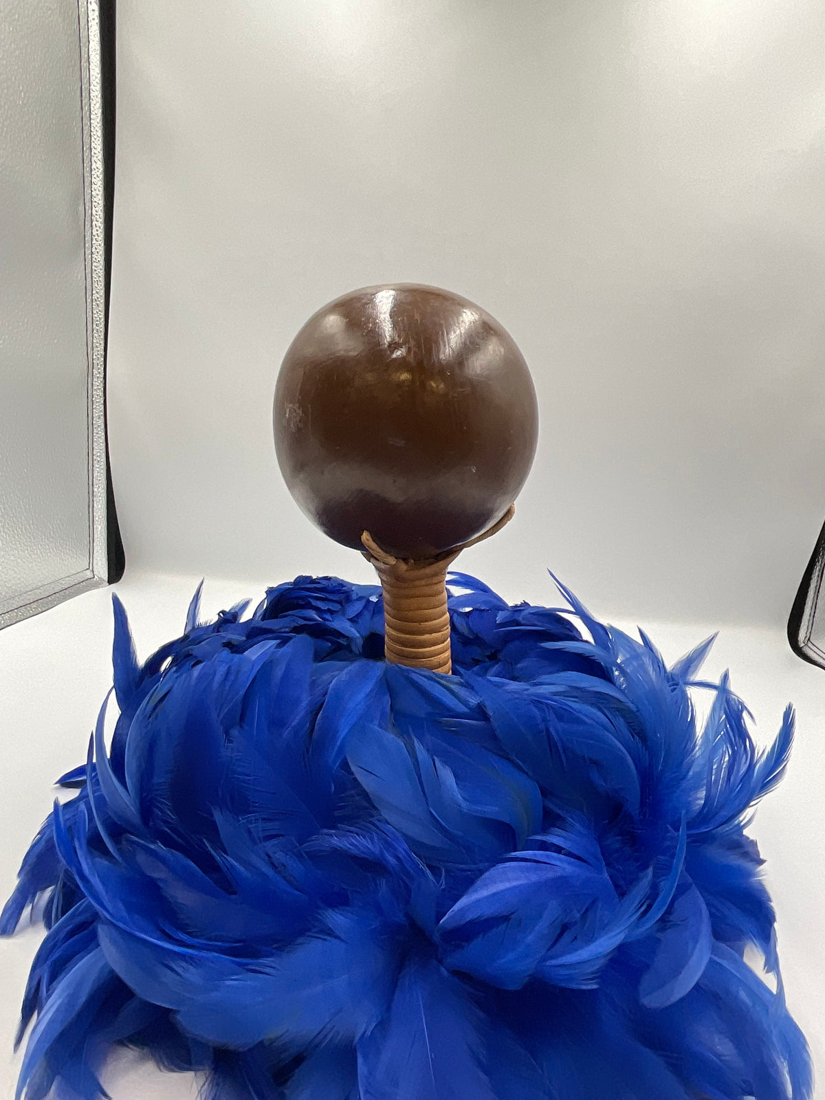 Vintage Hawaiian ʻUlīʻulī Feathered Coconut Rattle