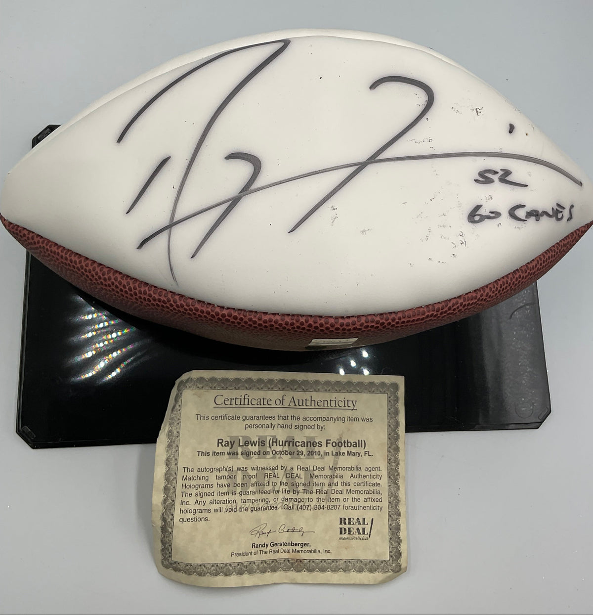 Ray Lewis Autographed University of Miami Hurricanes Football W Certificate of Authenticity