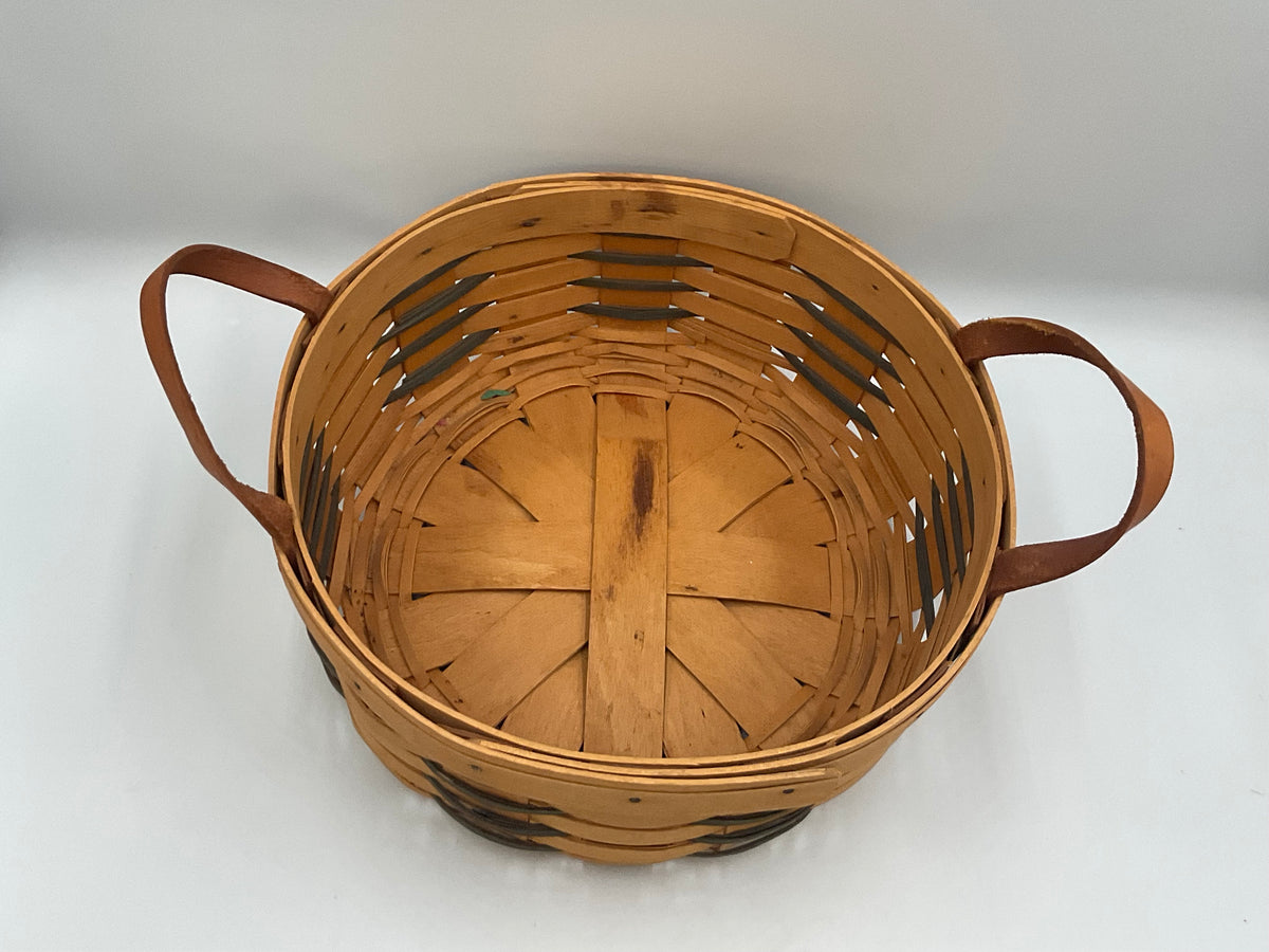 1998 Longaberger Round Basket Green Accent Bands Leather Handles 9.5"