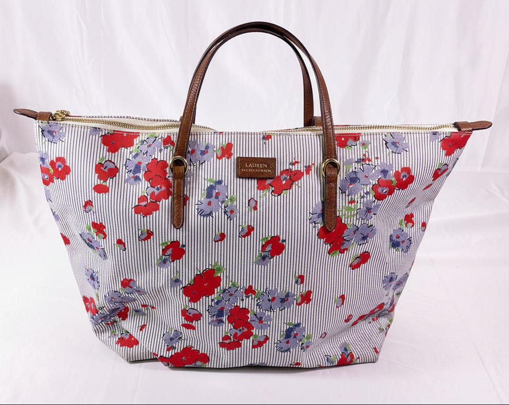 Lauren Ralph Lauren Canvas and Leather Poppy Red Flower Shoulder Bad Tote Handbag