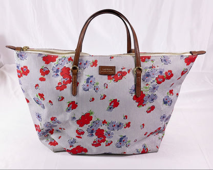 Lauren Ralph Lauren Canvas and Leather Poppy Red Flower Shoulder Bad Tote Handbag