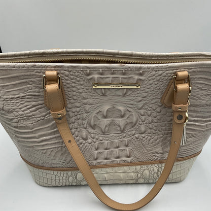 Brahmin White Handbag Distint Embossed Crocodile Texture Light Tan Straps