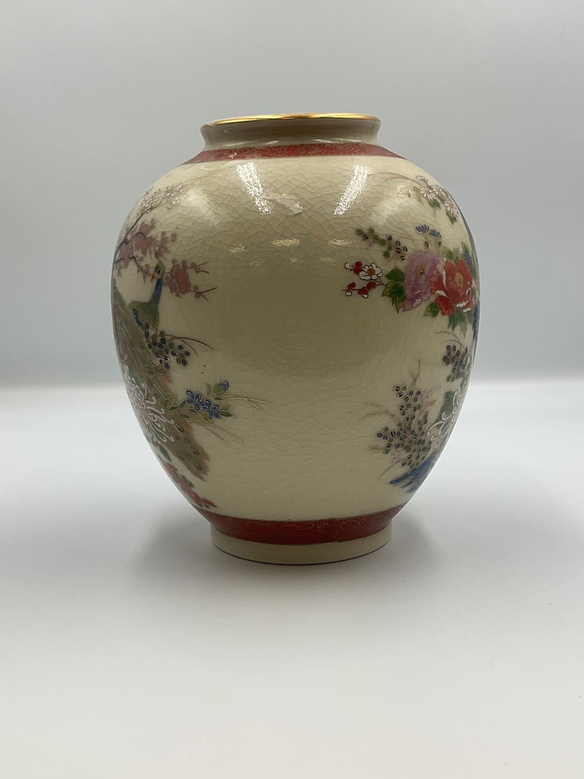 Japanese Satsuma-style porcelain peacock ovoid vase