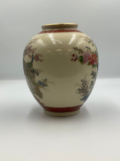 Japanese Satsuma-style porcelain peacock ovoid vase