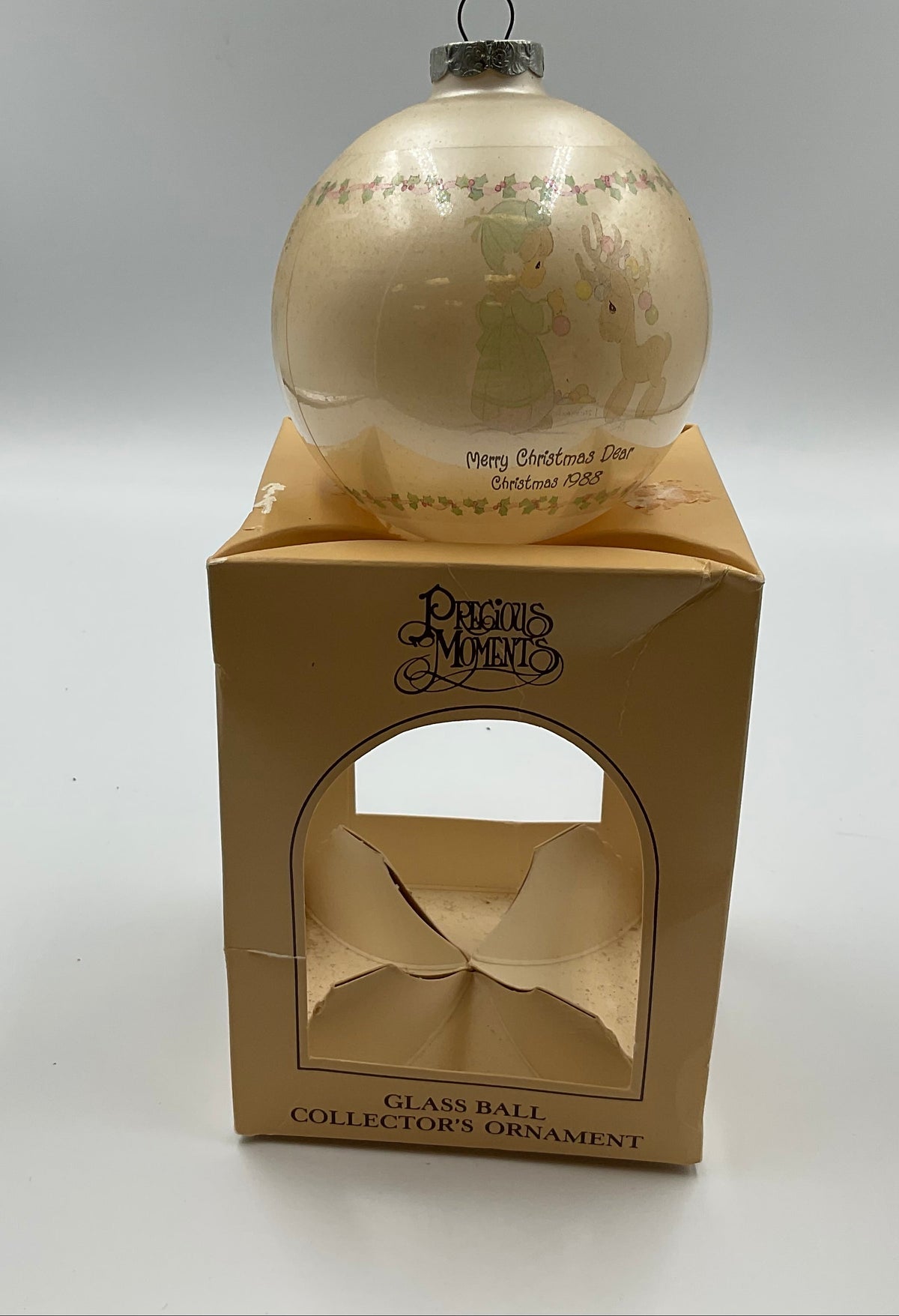 Vintage Precious Moments Ornament Merry Christmas Dear Glass Ball 1988 W/ Box