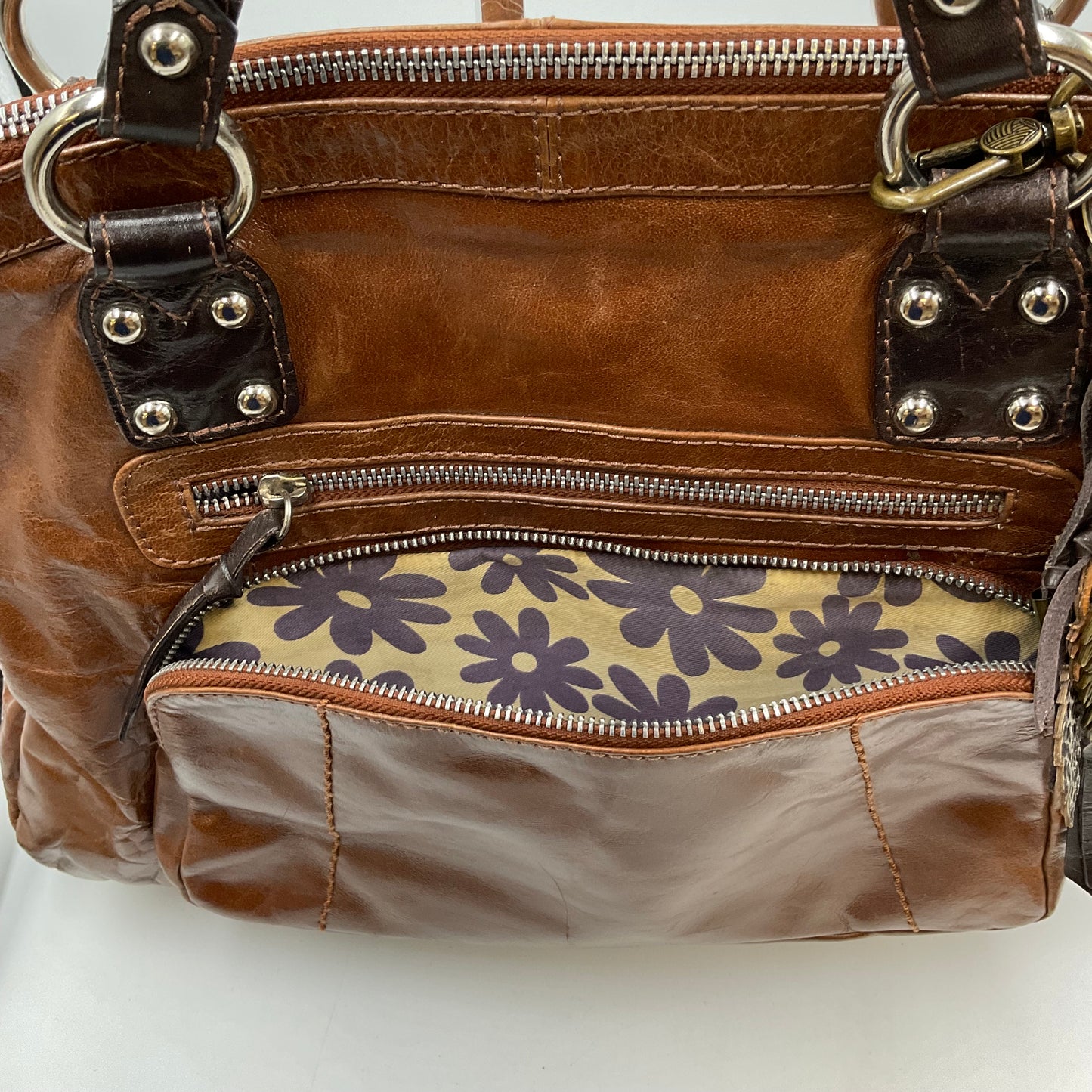 Nina Bossi Brown Leather Purse with purple flower pattern inside