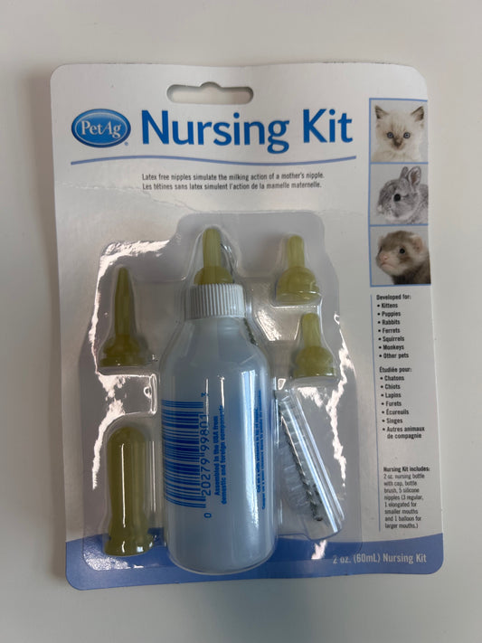 Pet-Ag Nursing Kit for Small Animals 2 oz Bottle Cap 5 Nipples Cleaning Brush New in Box Sealed
