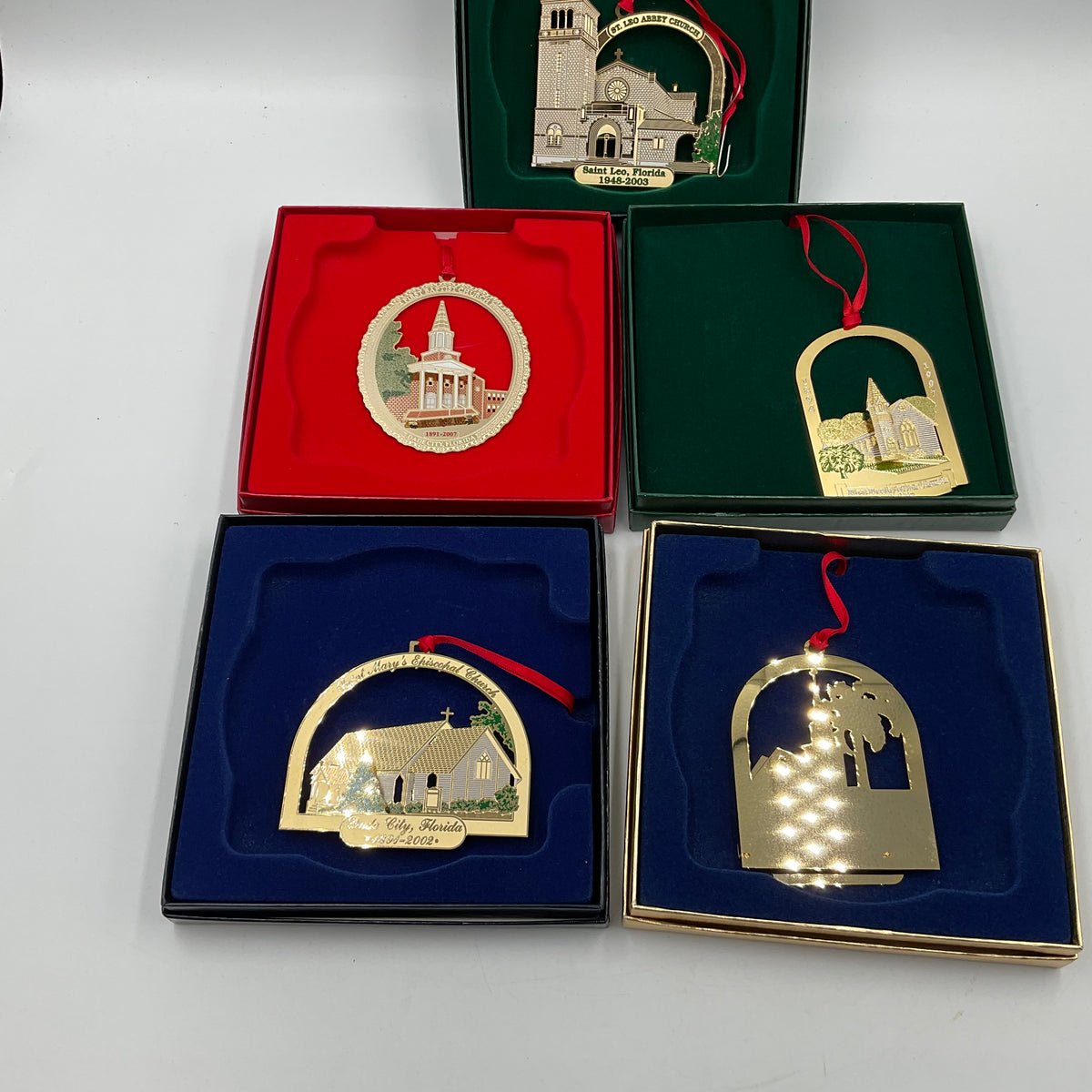 Commemorative Set Of 5 Holiday Ornaments St.Leo Abbey Church,First United Methodist Church, First Presbyterian Church Dade City, Saint Mary’s Church, And First Baptist Church