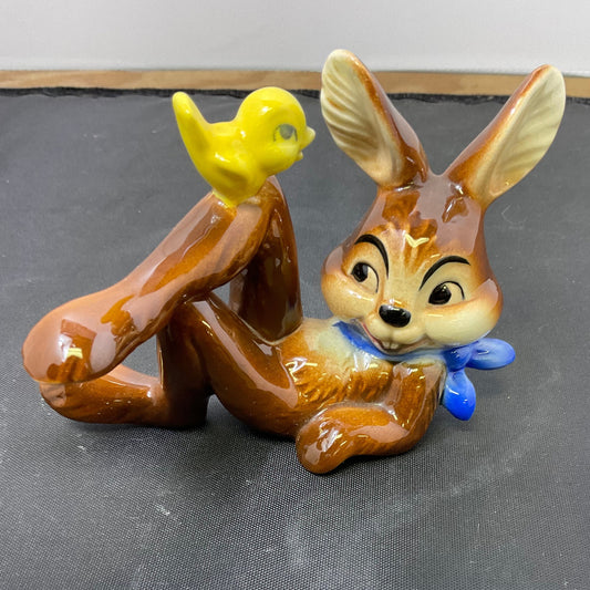 Goebel Porcelain Figurine Reclining Rabbit with Yellow Bird on His Knee Made in West Germany