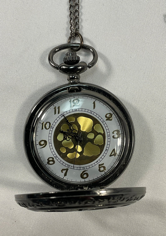 Black Pocket Watch Goldtone Face 15 In Chain Working Condition New Battery