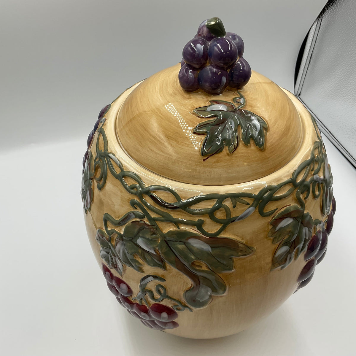 Meritage Ceramic Grape Vine Covered Canister Jar Raised Fruit Design