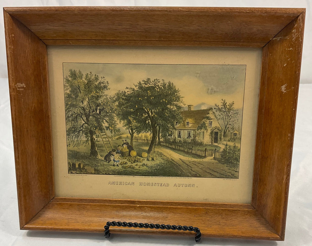 American Homestead Autumn in Wooden Frame Early Currier & Ives Reproduction 7 7/8" x 12 3/8"