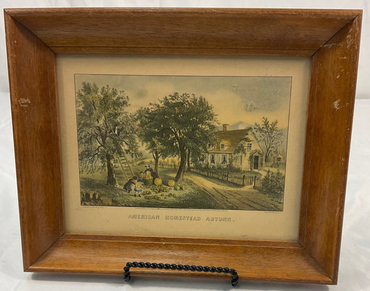 American Homestead Autumn in Wooden Frame Early Currier & Ives Reproduction 7 7/8" x 12 3/8"