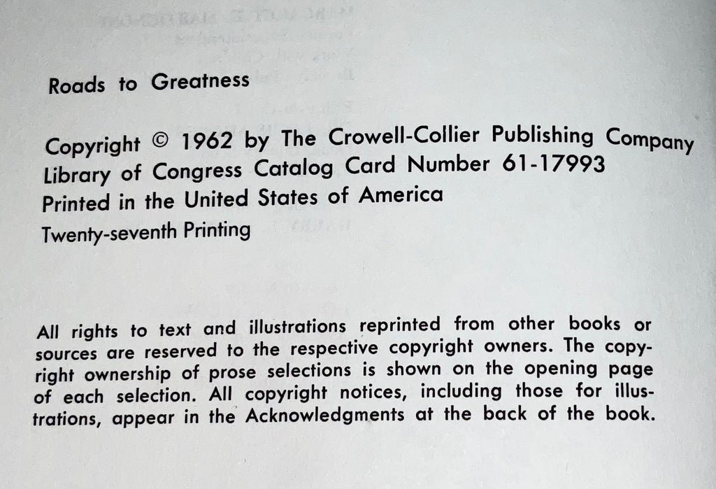 Roads to Greatness Collier's Junior Classics Series #8 Vintage 1962 Hardcover Book Crowell-Collier Publishing Company