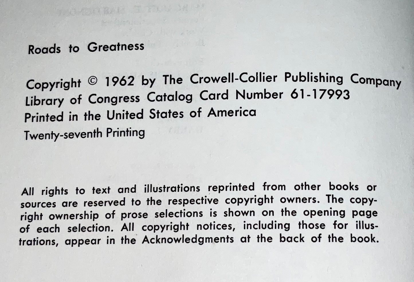 Roads to Greatness Collier's Junior Classics Series #8 Vintage 1962 Hardcover Book Crowell-Collier Publishing Company