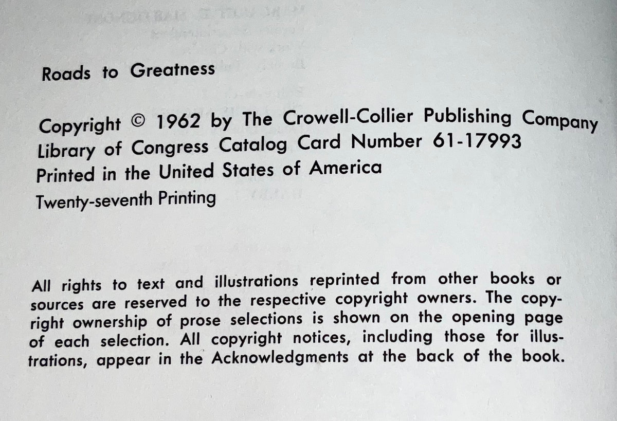 Roads to Greatness Collier's Junior Classics Series #8 Vintage 1962 Hardcover Book Crowell-Collier Publishing Company