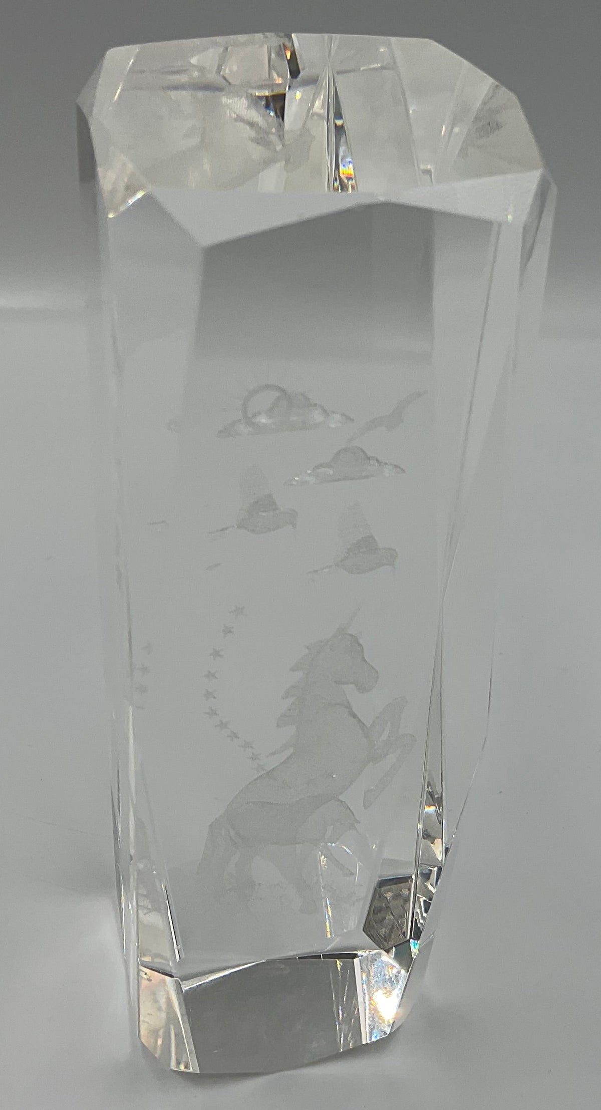 Vintage 3D laser-etched Fantasy Unicorn crystal glass paperweight