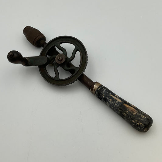 Vintage Hand-Crank Drill Cast Iron Frame Wooden Handle