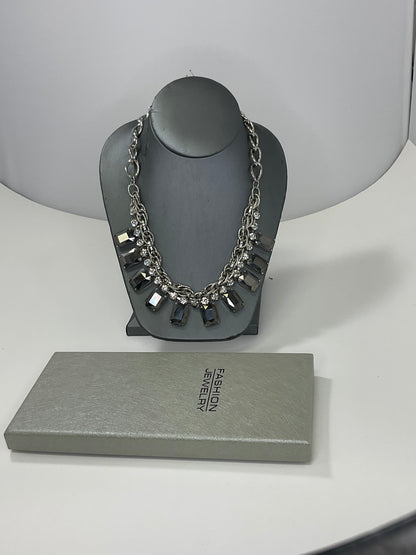 Silver Necklace with Emerald Cut Black Gems and Small White Gems Diamond Cut Pearl+Club crystal 12-blue