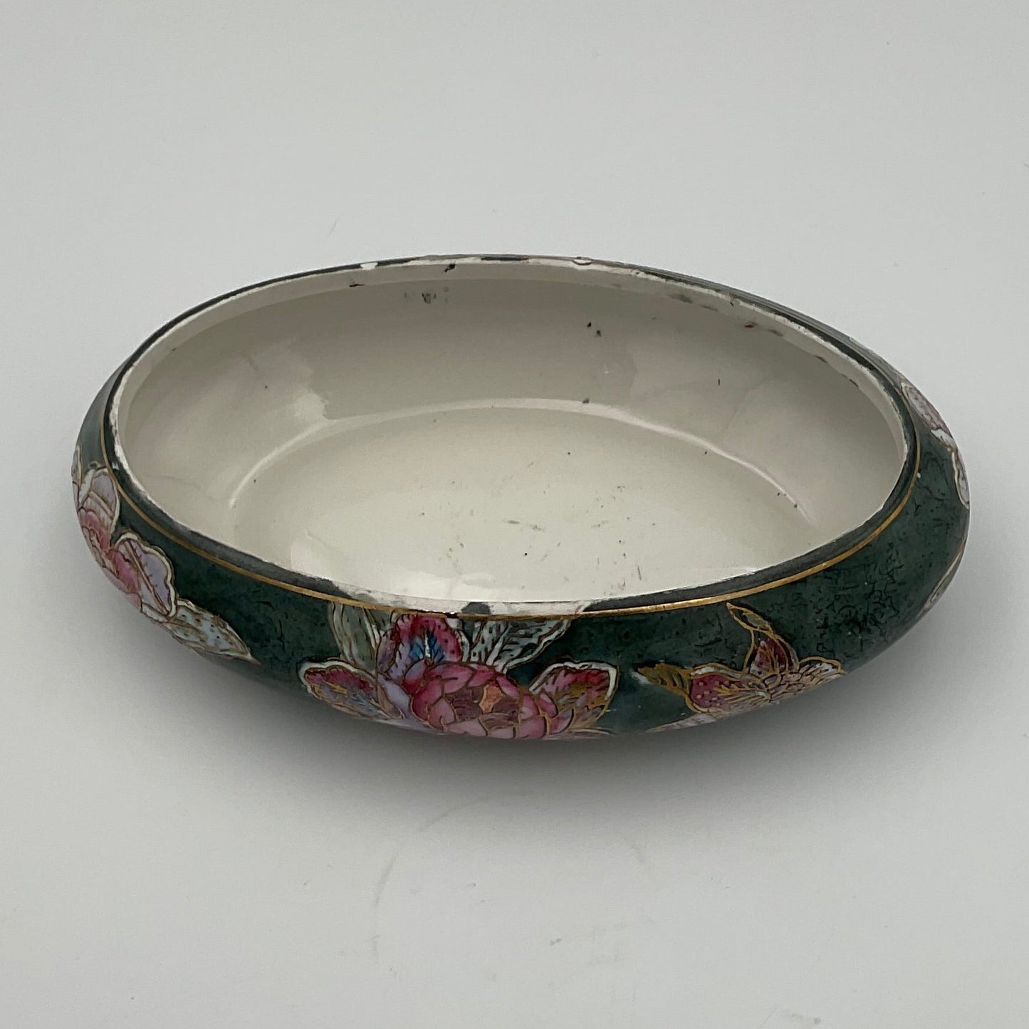 Vintage Antique Asian Hand Painted Oval Chinoiserie Ceramic Trinket Box