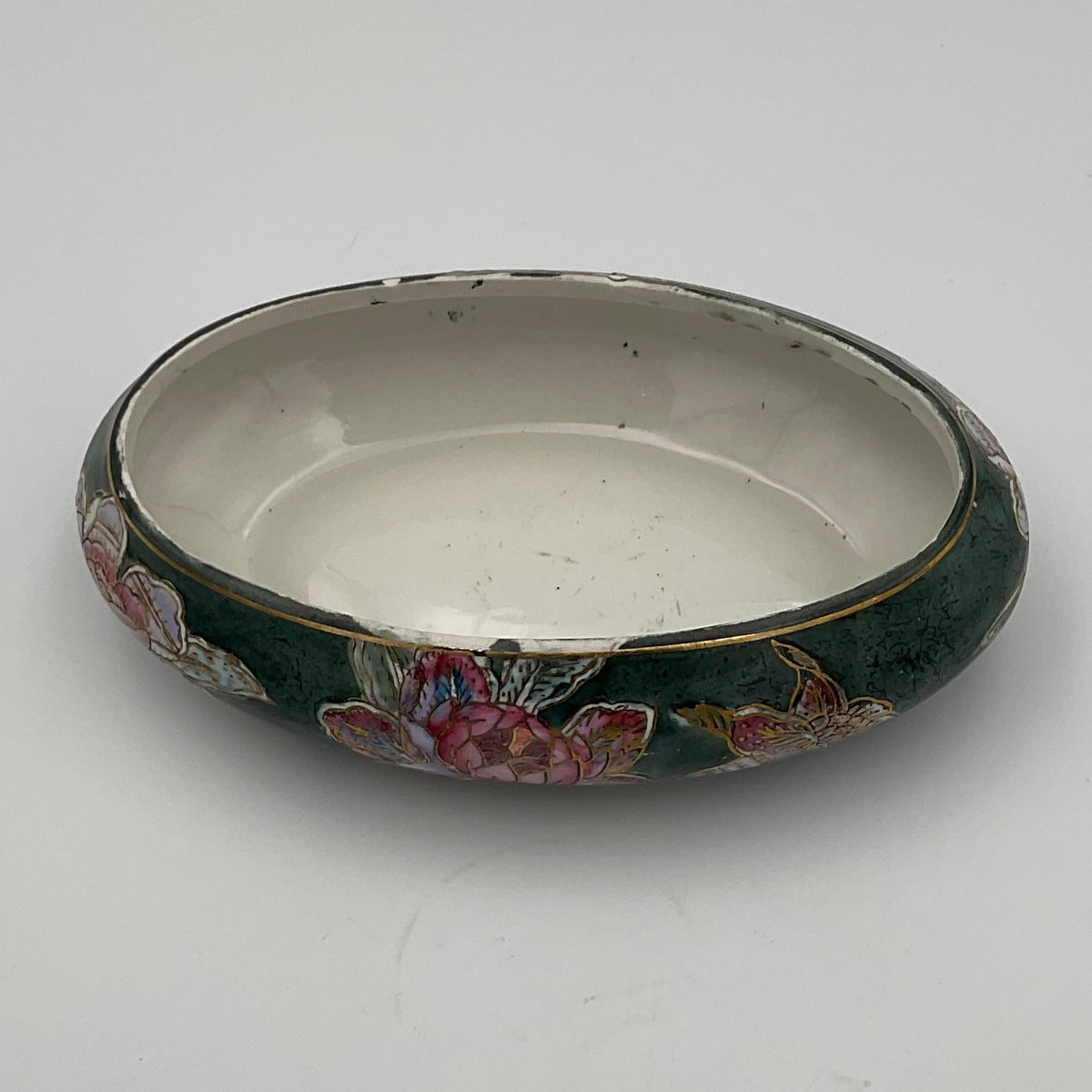 Vintage Antique Asian Hand Painted Oval Chinoiserie Ceramic Trinket Box