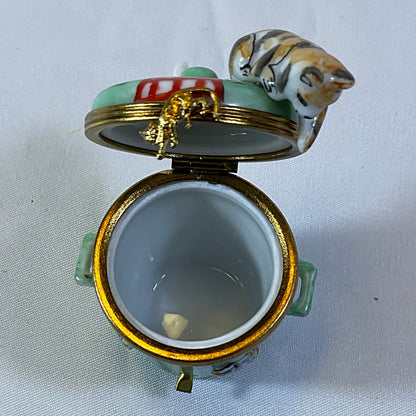 Peint a la Main Limoges France Authentic Vintage Collectible Hand Painted Porcelain Cat on Garbage Can Trinket Box