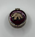 Elephant Pill Box Burgundy and Gold Enamel with Magnetic Closure 1.5" Diameter