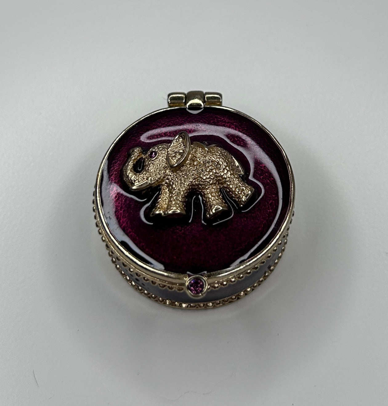Elephant Pill Box Burgundy and Gold Enamel with Magnetic Closure 1.5" Diameter