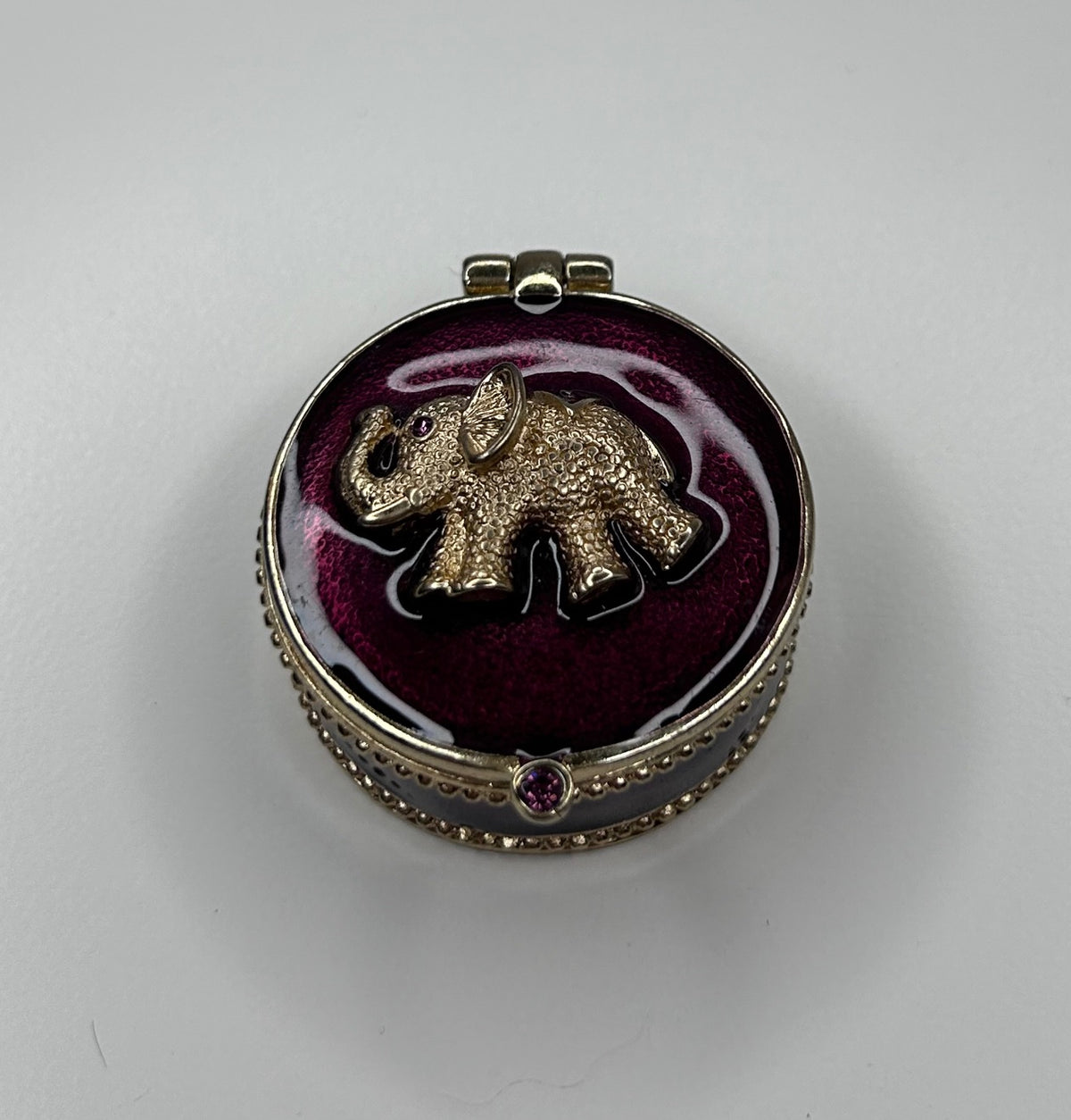 Elephant Pill Box Burgundy and Gold Enamel with Magnetic Closure 1.5" Diameter