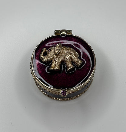 Elephant Pill Box Burgundy and Gold Enamel with Magnetic Closure 1.5" Diameter