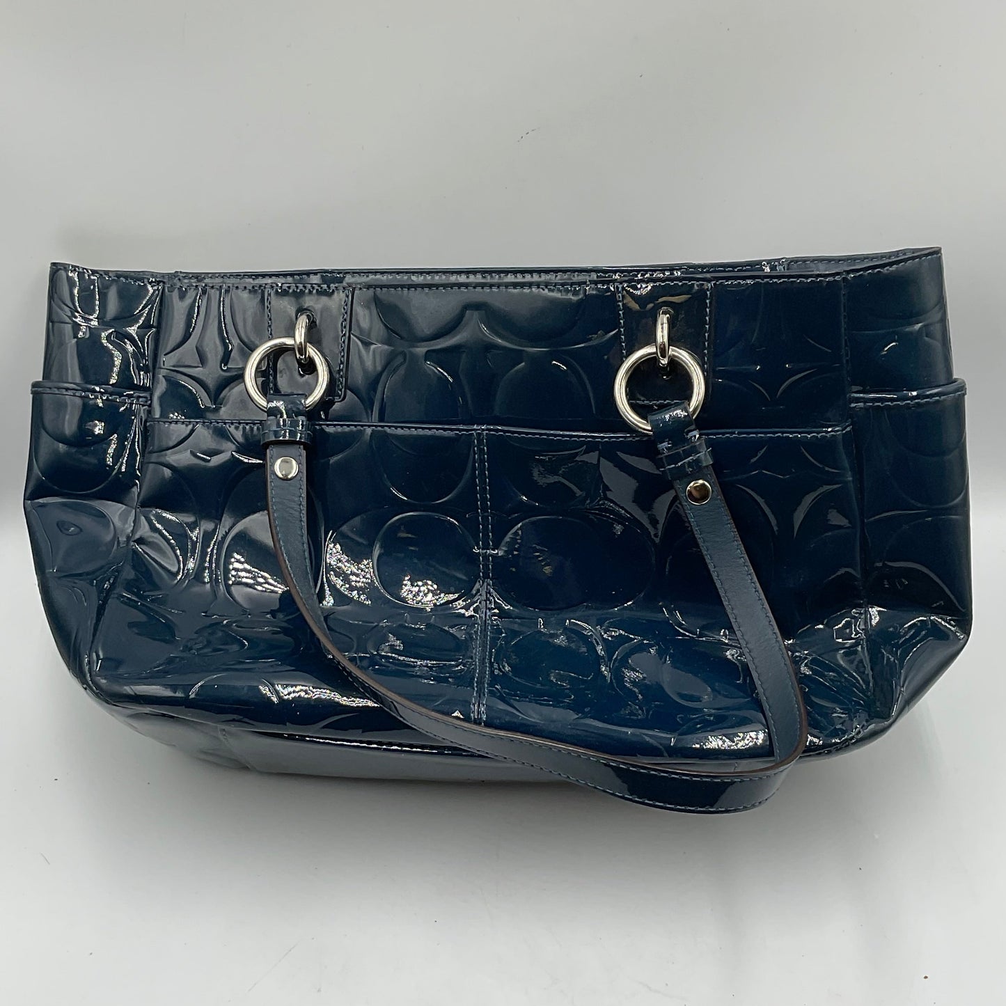 Coach Dark Teal Patent Leather Tote Silvertone Hardware Accents