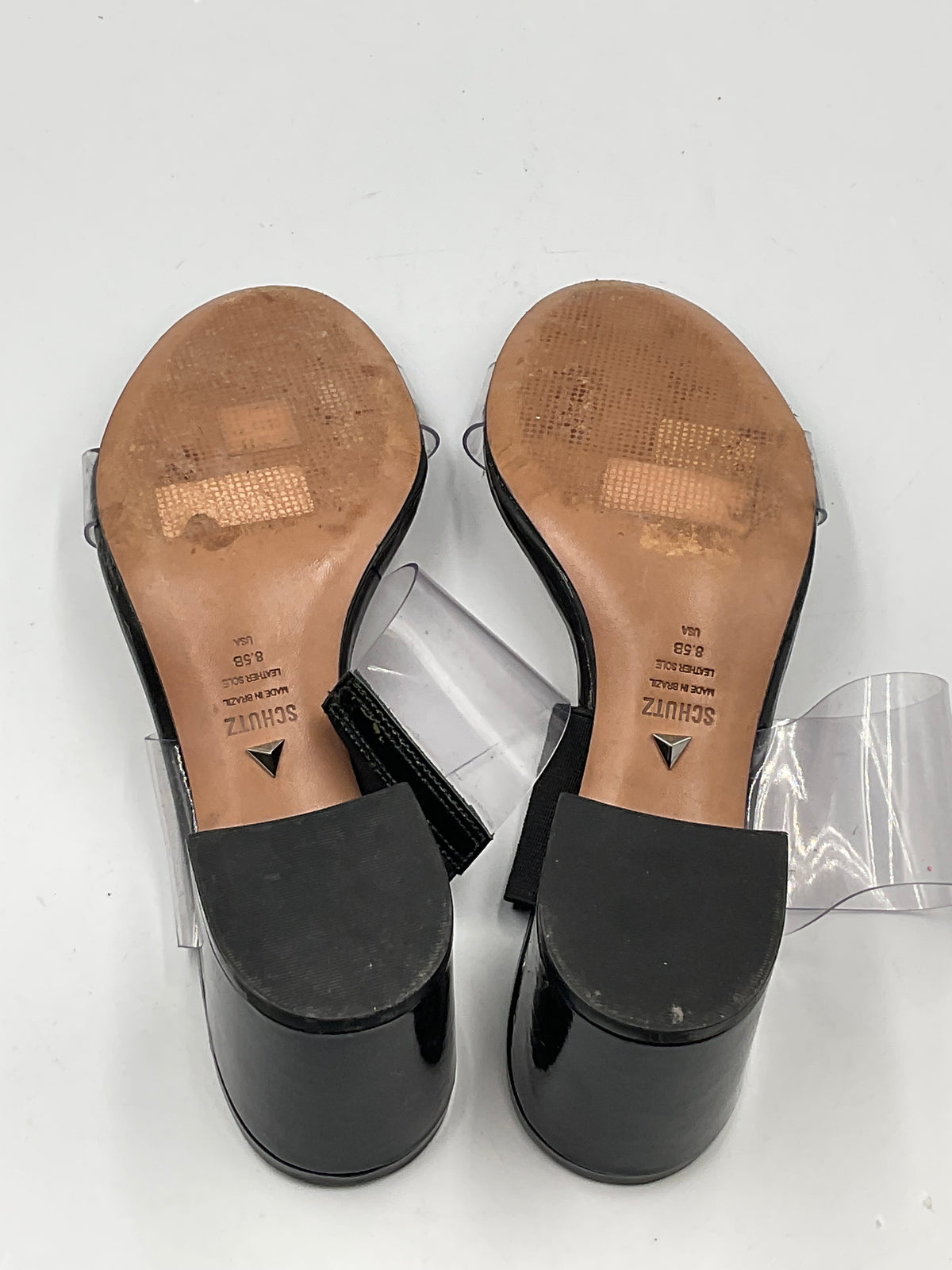 Schutz Victorie Clear Vinyl Double Strap Block Heel Slide Sandals Black Size 8.5 B
