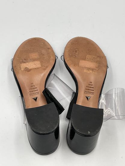 Schutz Victorie Clear Vinyl Double Strap Block Heel Slide Sandals Black Size 8.5 B