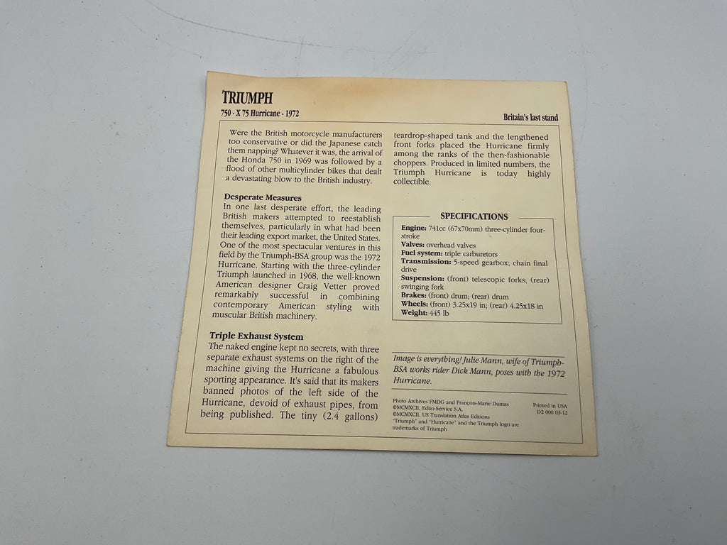 Vintage AJS 500cc Supercharged V4 Competition Motorcycle Info Card Spec Sheet