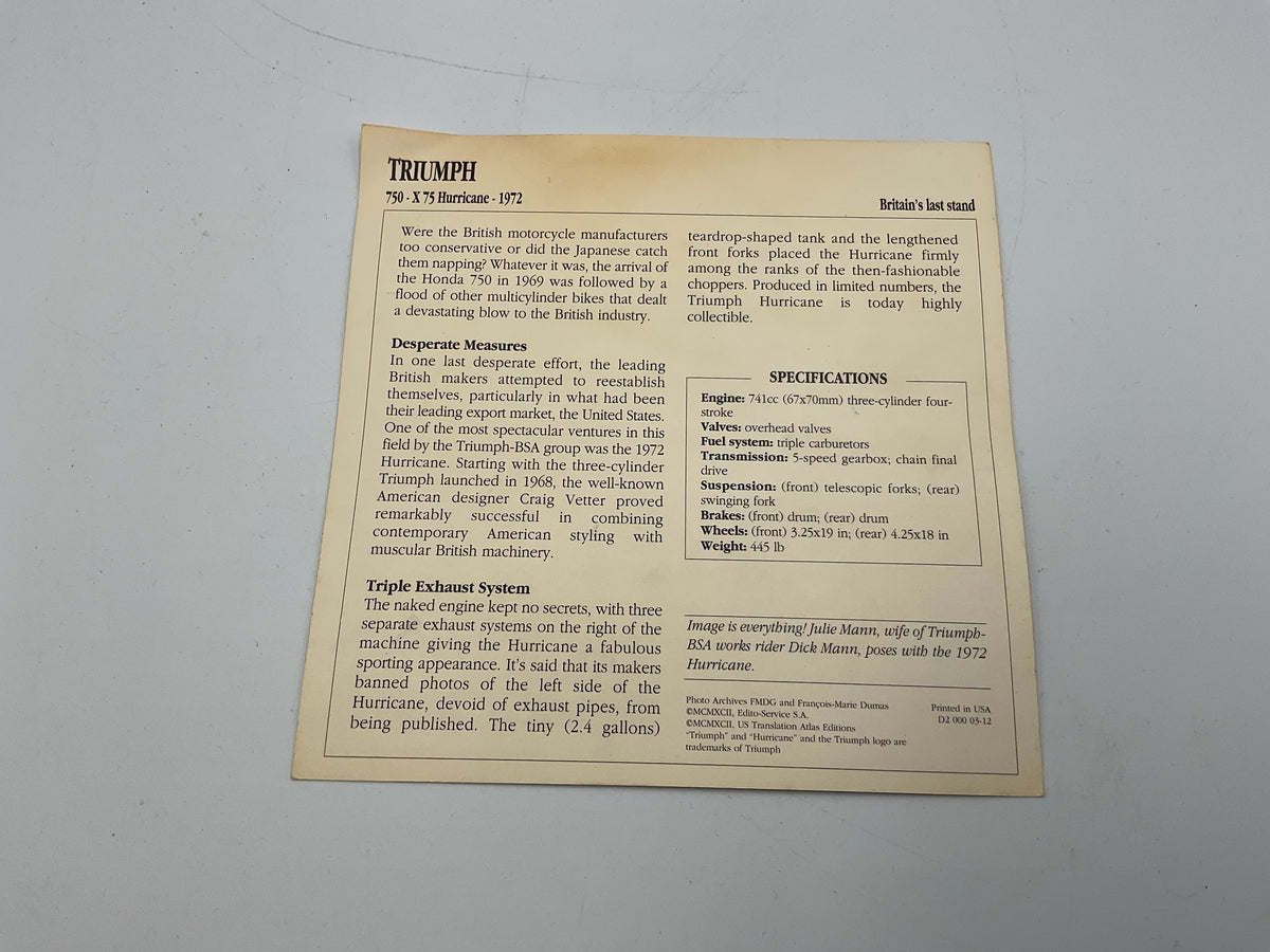 Vintage AJS 500cc Supercharged V4 Competition Motorcycle Info Card Spec Sheet