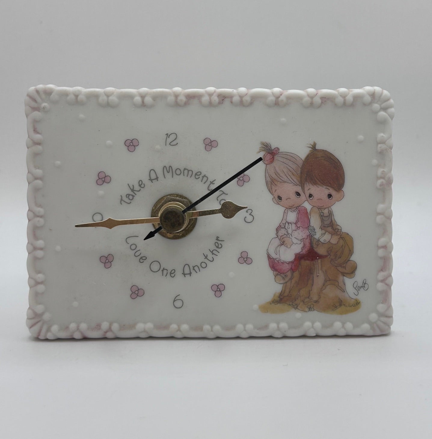Precious Moments Vintage 1995 Kids on Stump Mini Desk Clock Porcelain Figurine
