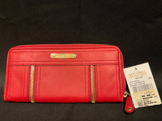 Michael Kors Moxley Red Continental Genuine Leather Wallet Gold Tone Trim New with Tags