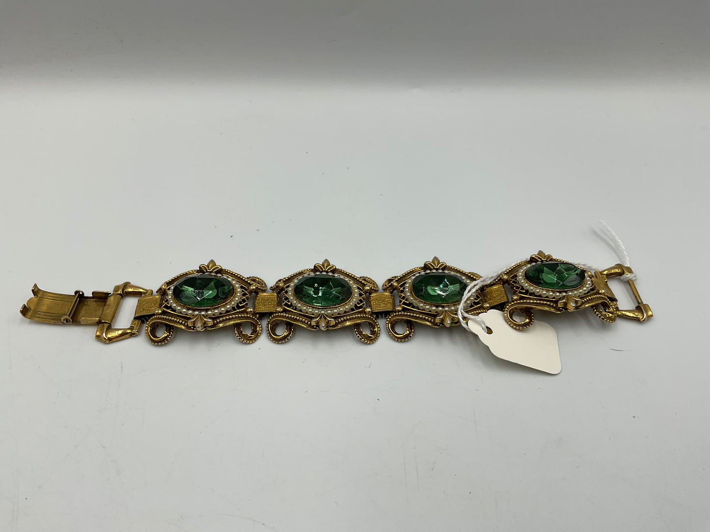 Vintage Gold Tone Bracelet with Large Green Oval Stones