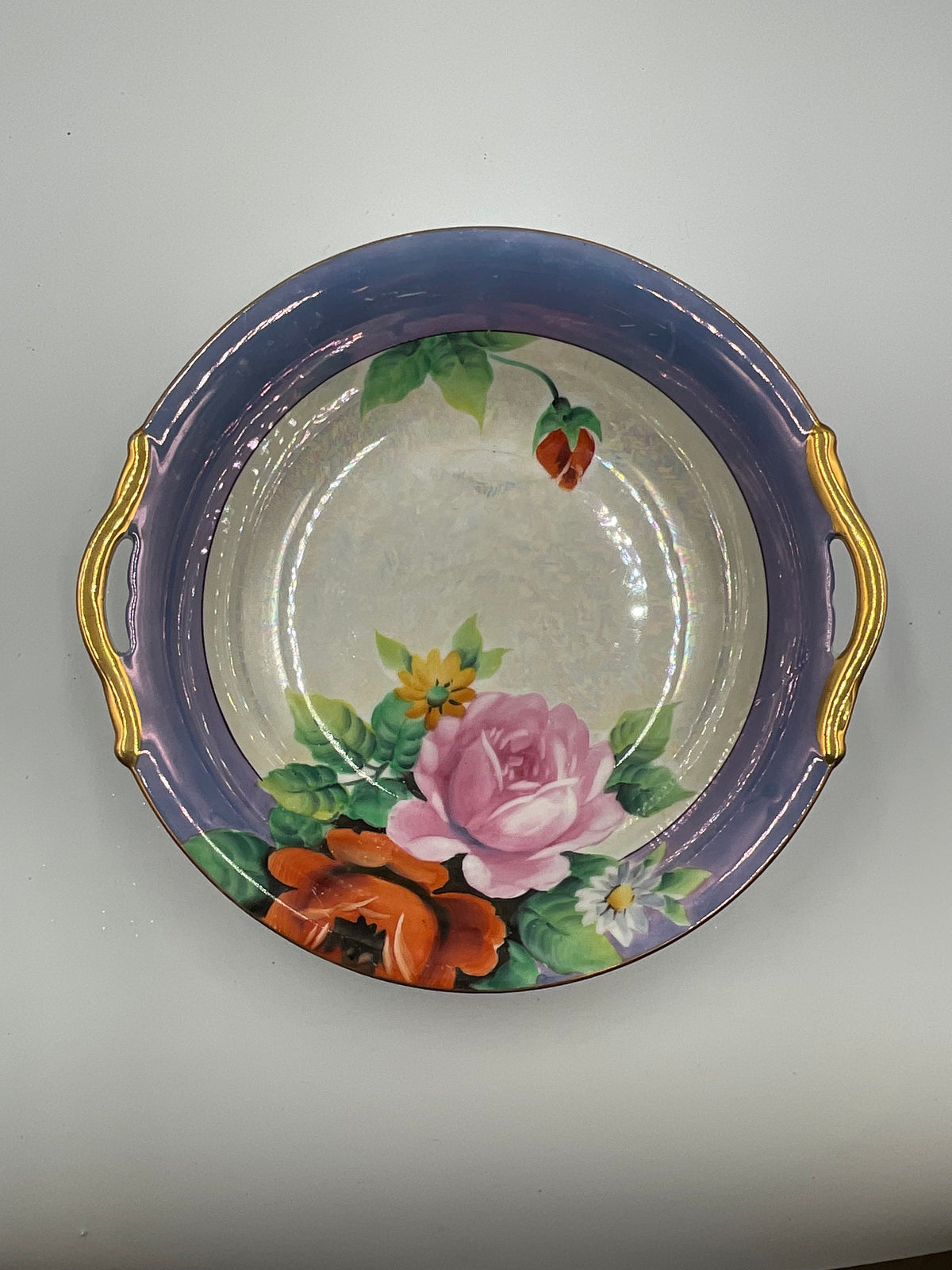 Vintage Japan Floral Porcelain Serving Bowl Blue Gold Double Handles Roses