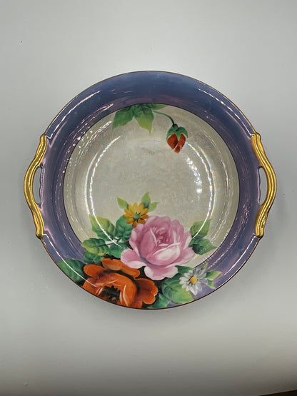 Vintage Japan Floral Porcelain Serving Bowl Blue Gold Double Handles Roses