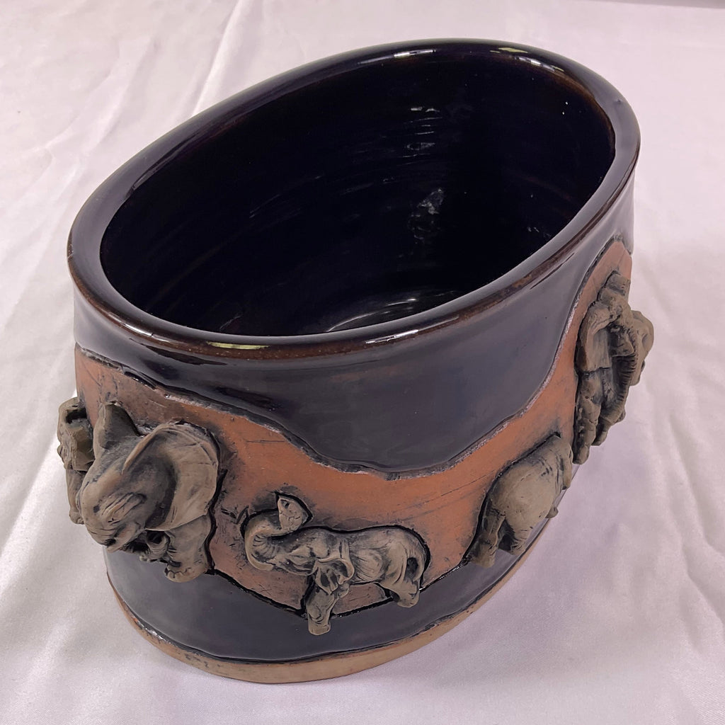 Leland G Shaw Studio Artist Signed High Relief Terra Cota Art Hand-Sculpted Elephants Warriors Planter Pot