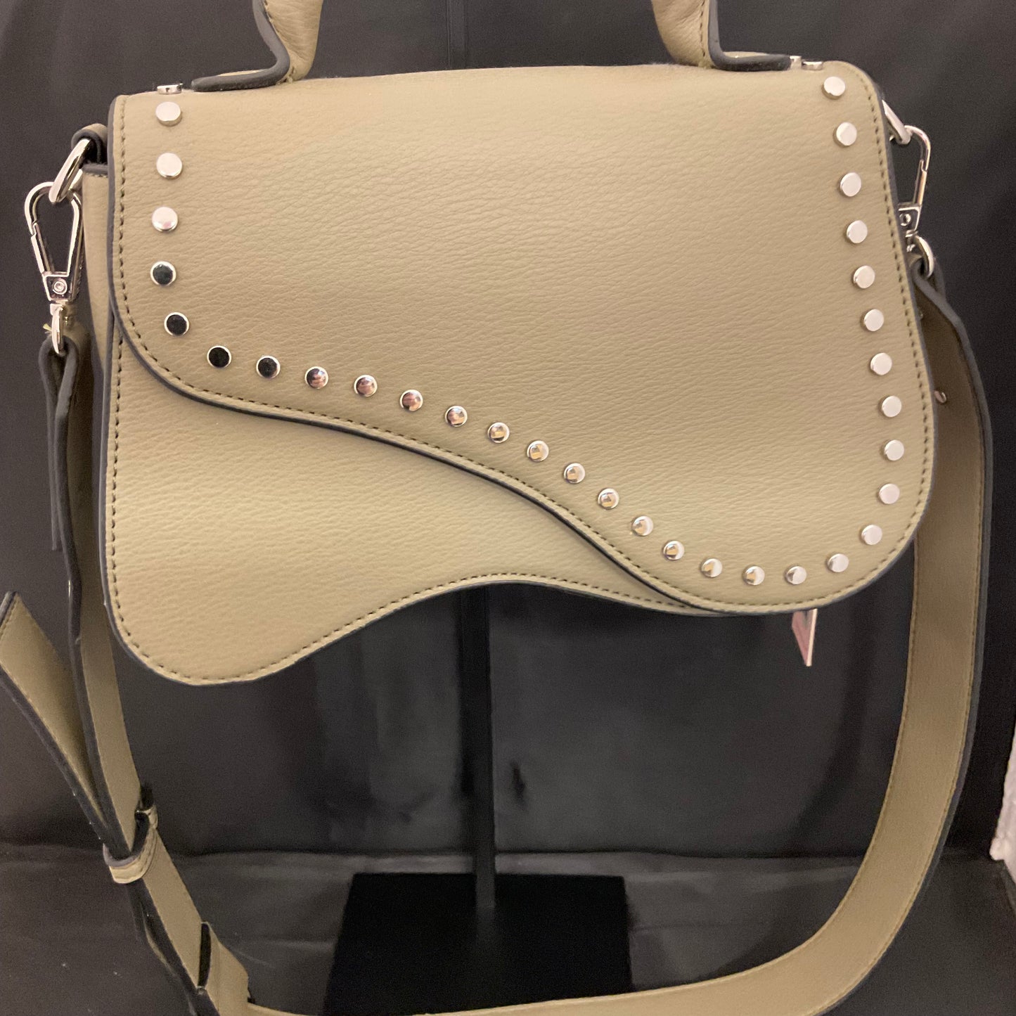 BCBGeneration Asymmetrical Studded Saddle Style Moss Color Shoulder Handbag