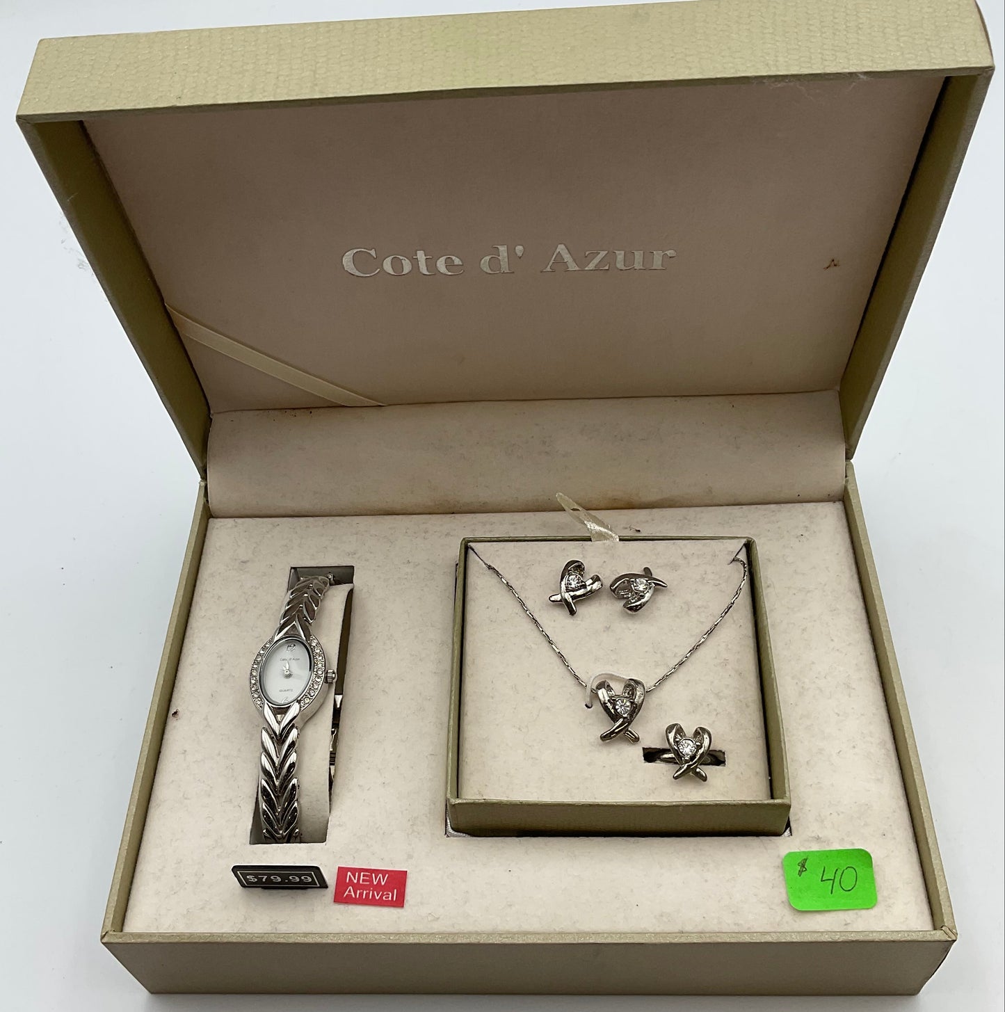 Cote D’ Azur Jewelry Gift Set Watch Necklace Ring and Earrings New in Box