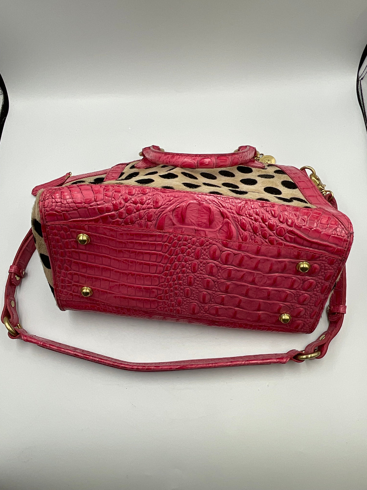 SPA-Purses MEDIUM Brahmin Hot Pink Croc Embossed Leather Satchel Handbag Polka Dot Calf Hair Accents Crossbody Bag