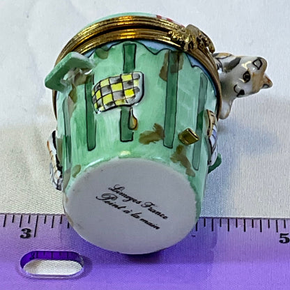 Peint a la Main Limoges France Authentic Vintage Collectible Hand Painted Porcelain Cat on Garbage Can Trinket Box