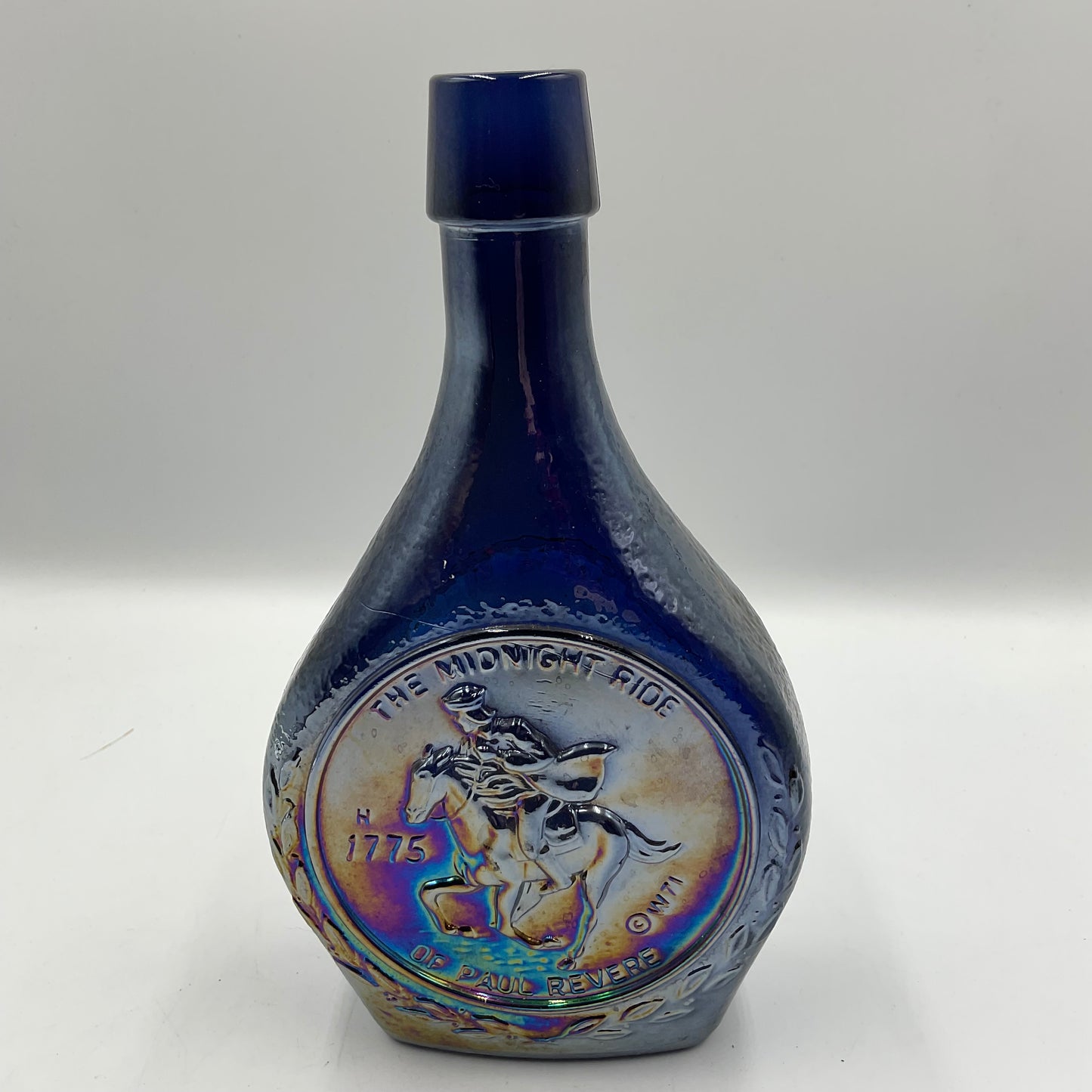 Vintage Wheaton “Great American Series”Blue Iridescent Carnival Glass Bottle