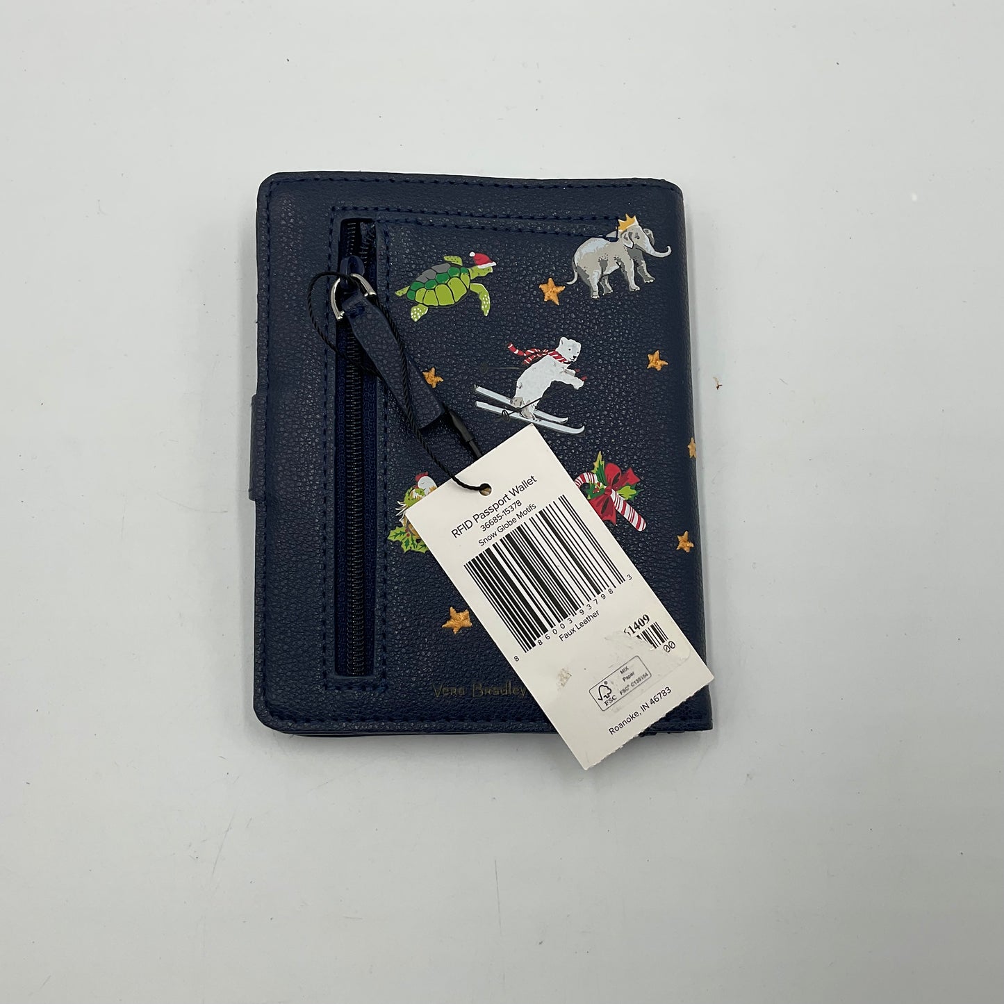 New with Tag Vera Bradley Passport Wallet Blue with Animals and Candy Canes