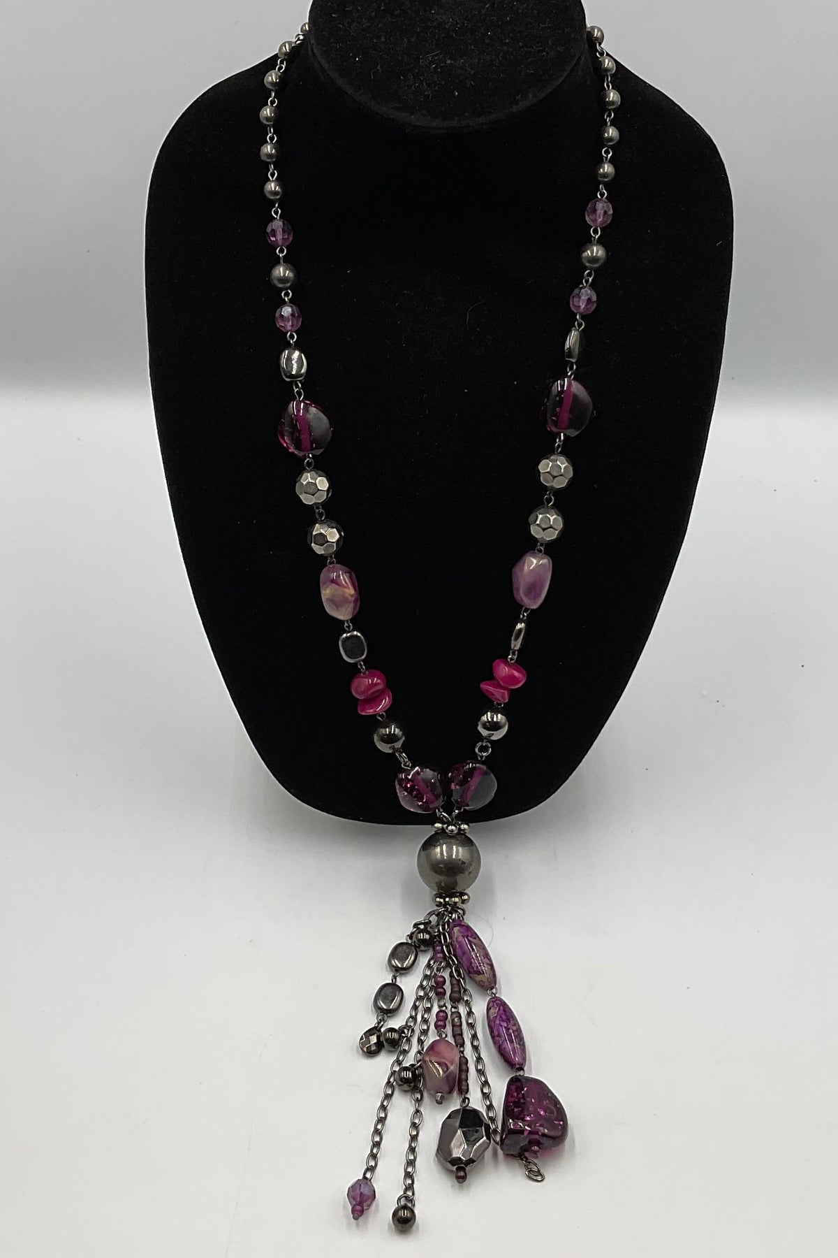 Purple Stone and Bead Chain Necklace