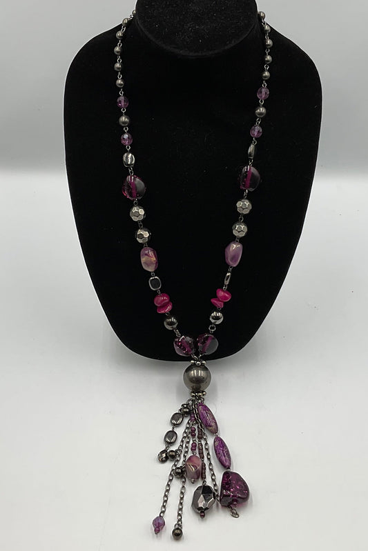 Purple Stone and Bead Chain Necklace