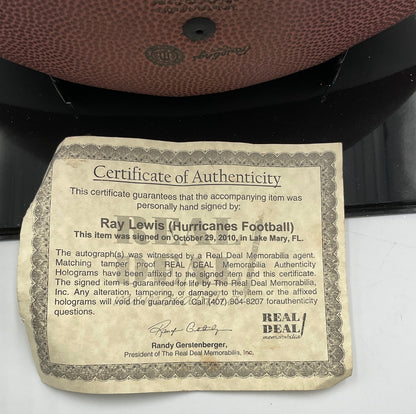 Ray Lewis Autographed University of Miami Hurricanes Football W Certificate of Authenticity